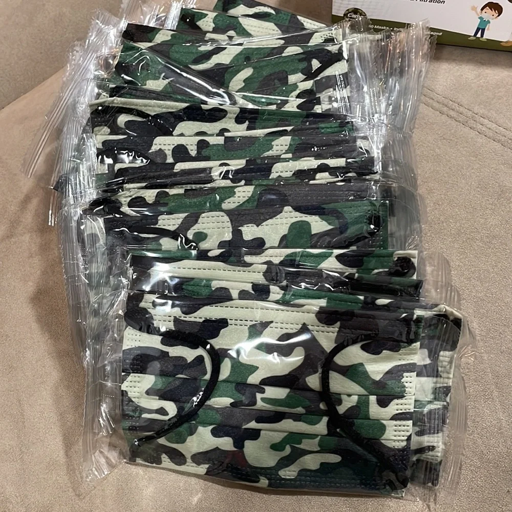 NIB Childs Camouflage Camo Cloth Disposable Face Masks For Kids 42 total